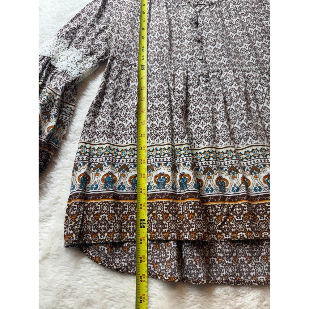 Kori America Blouse Womens S Boho Lace Crochet Damask Print Excellent - Picture 8 of 11